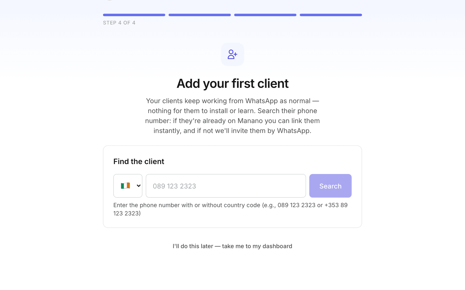 Adding a client file in Manano Accounts by searching their phone number